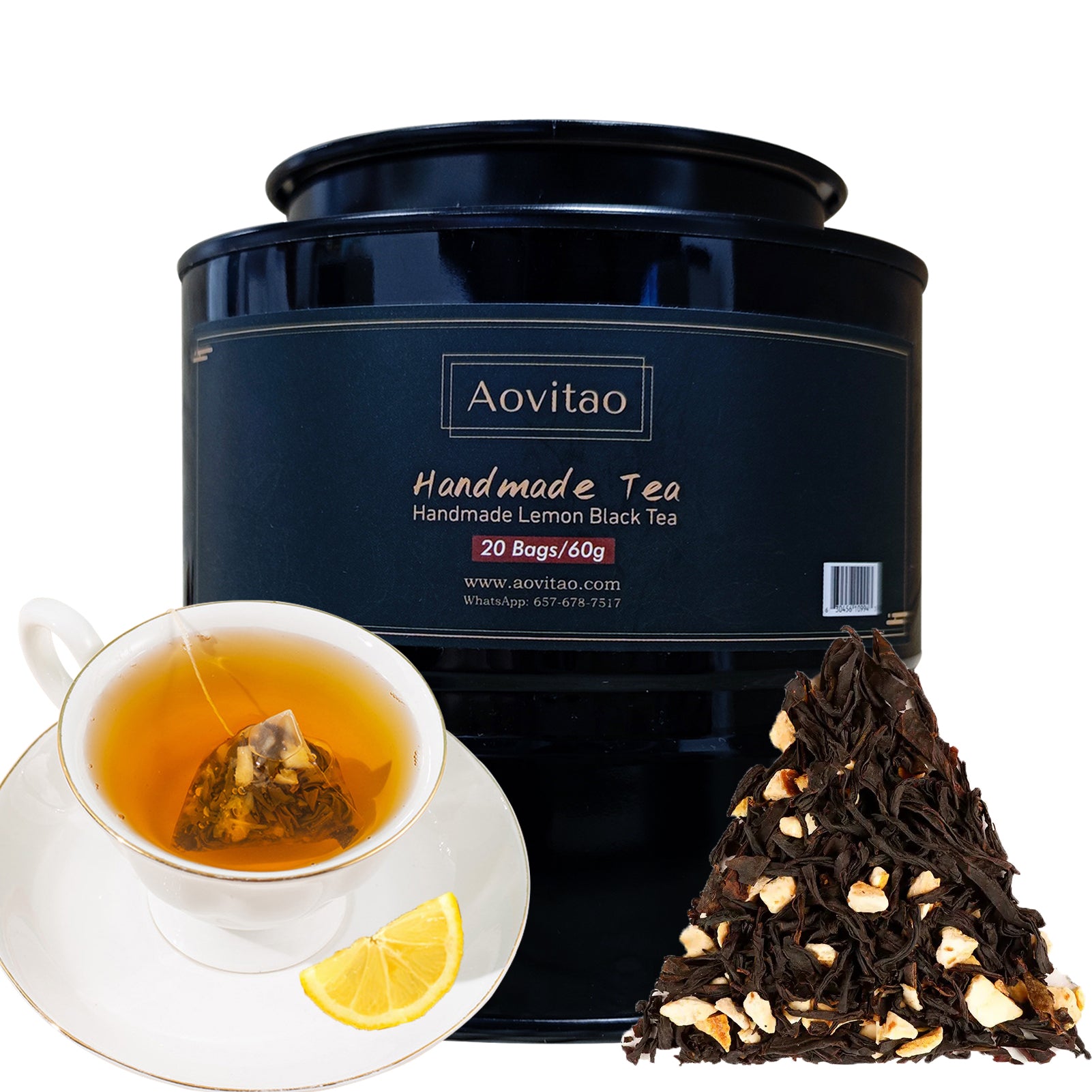 Handmade Lemon Black Tea Premium Pyramid Loose Leaf Tea Herbal Tea Caffeine Free Tea with Lemon,20 bags/60g,Lemon Flavor