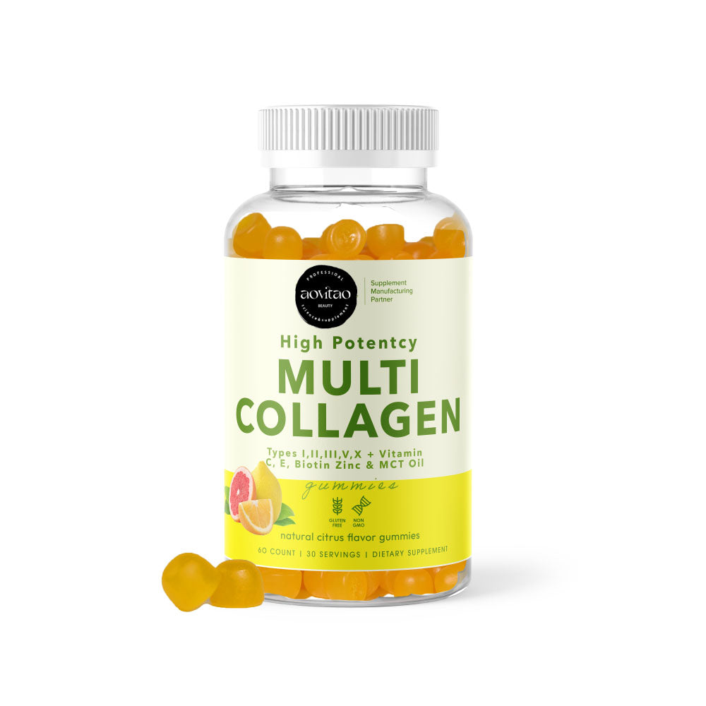 Gomitas de colágeno múltiple de alta potencia tipos I, II, III, V, X + vitamina C, E, biotina, zinc y aceite MCT