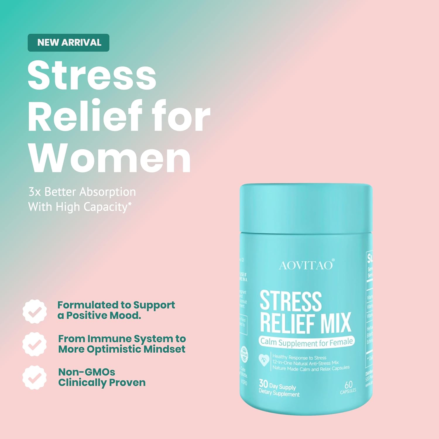 Aovitao GABA Stress Relief Supplement Calm Pill for Anxiousness Nervousness Irritability Fatigue