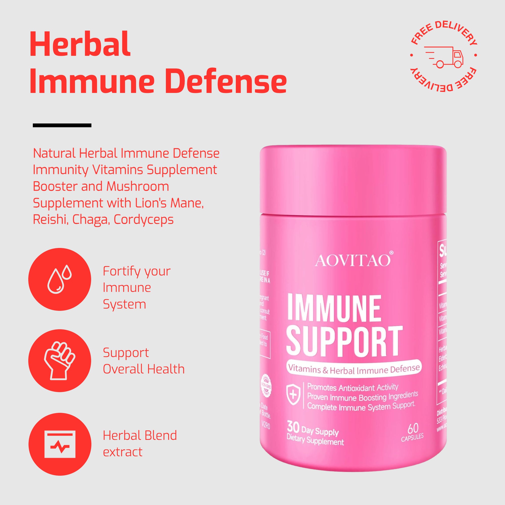 Natural Herbal Immune Defense Immunity Vitamins Supplement Booster and Mushroom